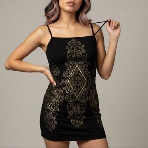Vintage Body Central Y2K Black Gold Foil Mini Dress Small Cami Bodycon Party 00s